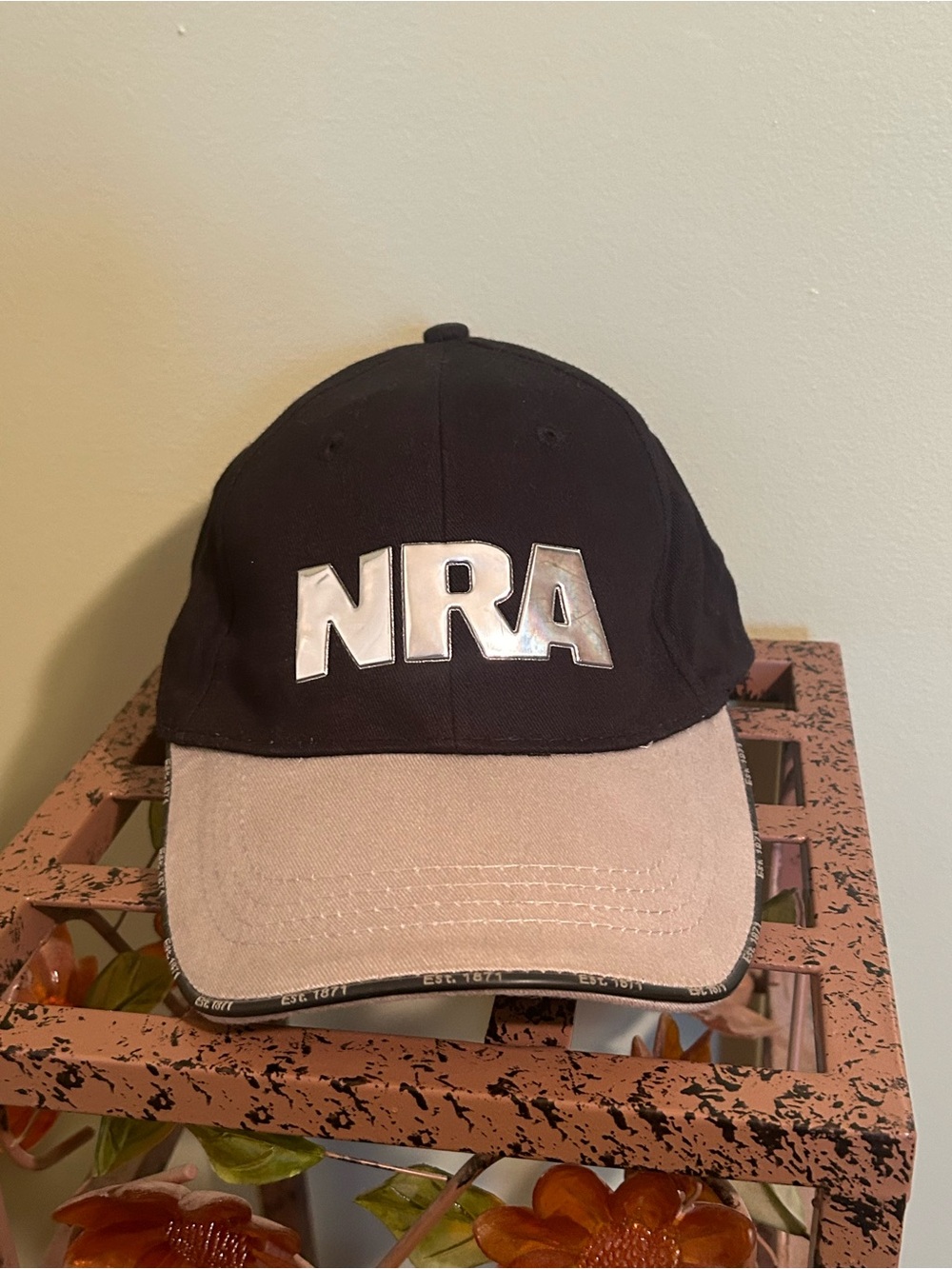 NRA Hat Cap Black Gray Metallic Chrome Logo Est 1871 Adjustable Cotton Mens